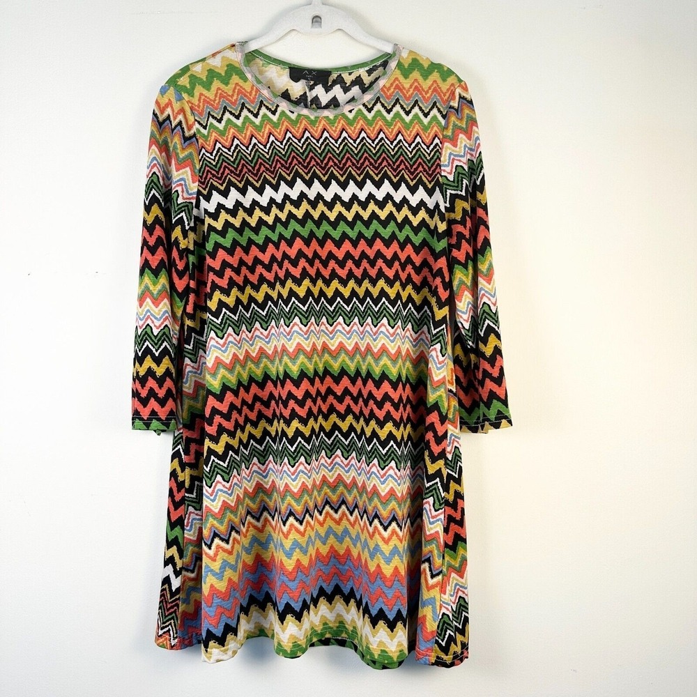 AXParis Dress Women 12 Multi Color Mini ZigZag Chevron Long Slv Boho Retro NWOT